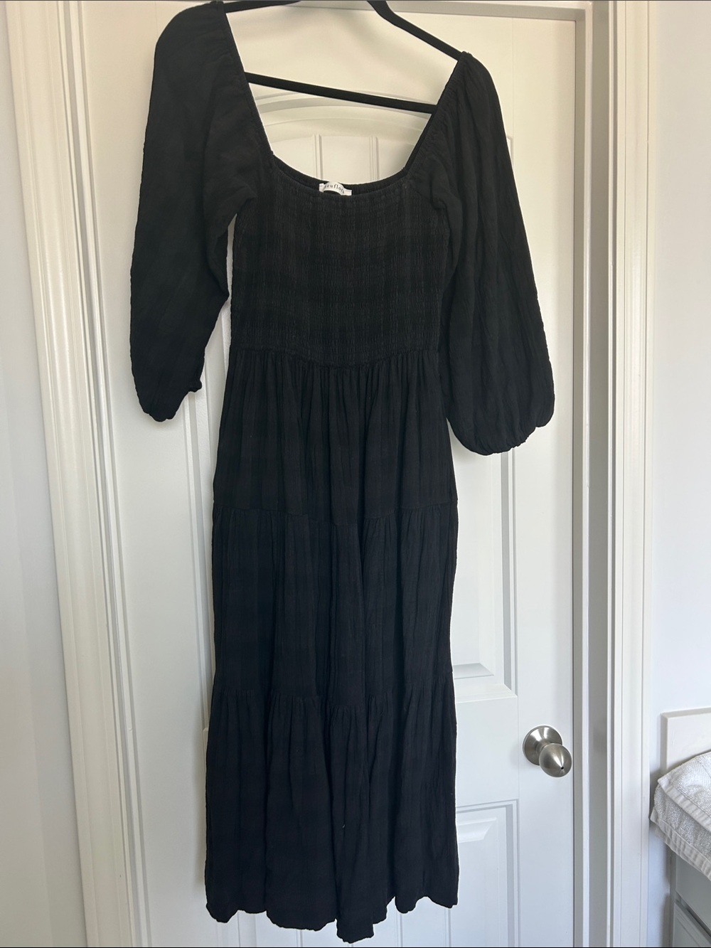 Smocked Black Midi Dress with Puff Sleeves